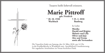 Traueranzeige von Marie Pittroff von Ansbach