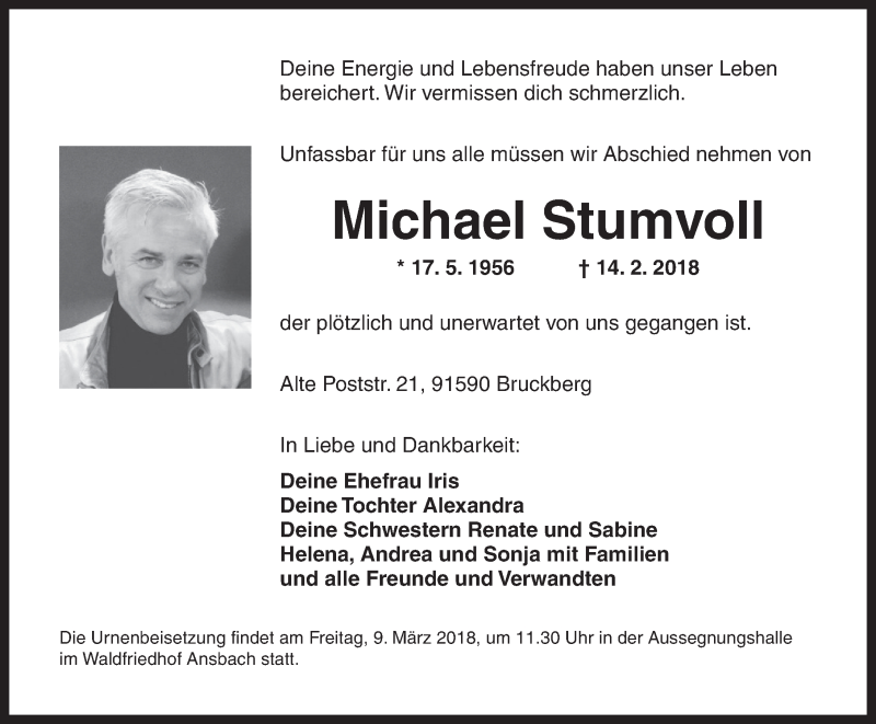  Traueranzeige für Michael Stumvoll vom 03.03.2018 aus Gesamtausgabe