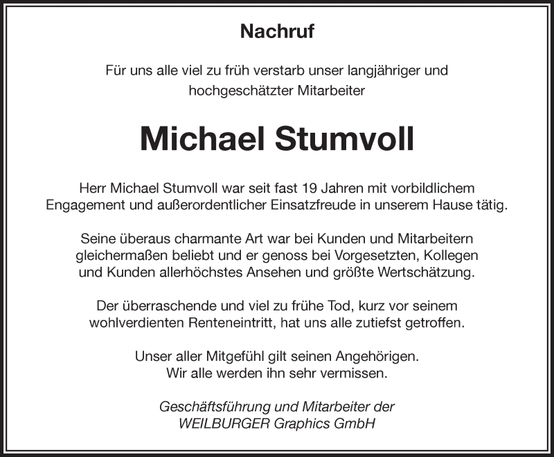  Traueranzeige für Michael Stumvoll vom 03.03.2018 aus Gesamtausgabe