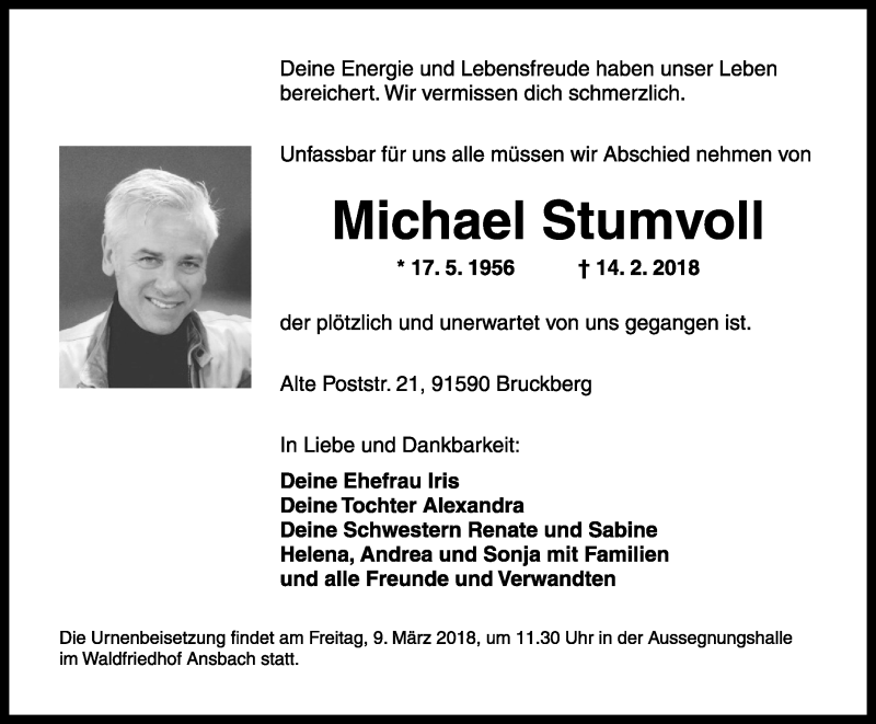  Traueranzeige für Michael Stumvoll vom 02.03.2018 aus Fränkische Landeszeitung