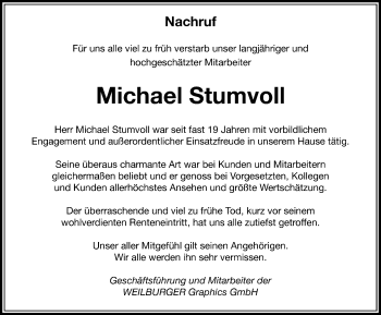 Traueranzeige von Michael Stumvoll von Fränkische Landeszeitung