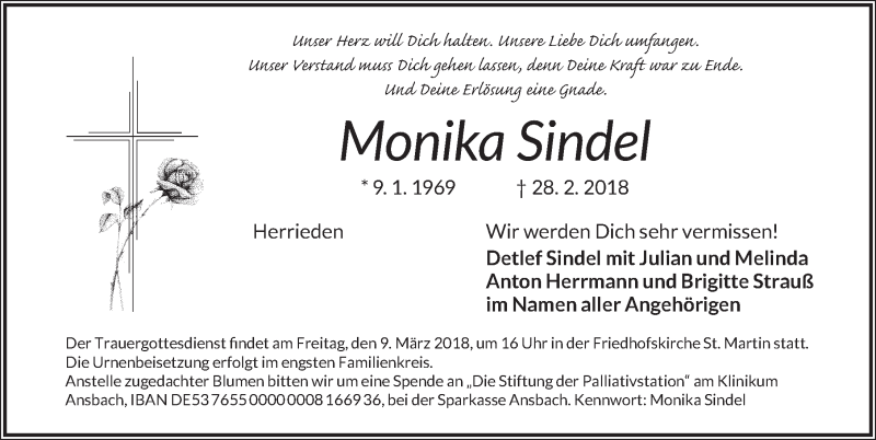  Traueranzeige für Monika Sindel vom 07.03.2018 aus Dinkelsbuhl/ Feuchtwangen