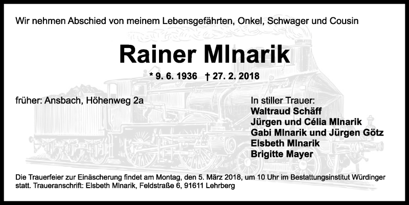  Traueranzeige für Rainer Mlnarik vom 03.03.2018 aus Ansbach