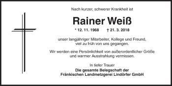 Traueranzeige von Rainer Weiß von Ansbach