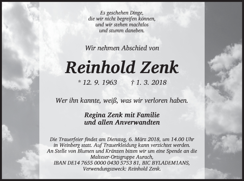  Traueranzeige für Reinhold Zenk vom 05.03.2018 aus Ansbach