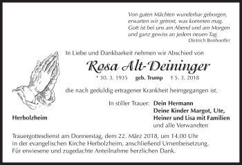 Traueranzeige von Rosa Alt-Deininger von Neustadt/ Scheinfeld/ Uffenheim