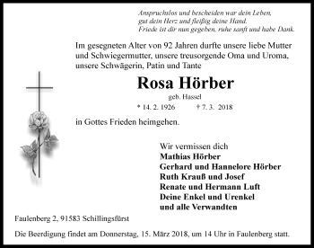 Traueranzeige von Rosa Hörber von Rothenburg