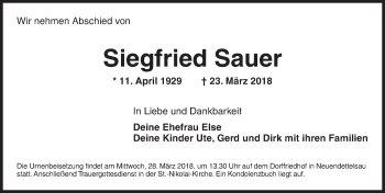 Traueranzeige von Siegfried Sauer von Ansbach