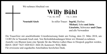 Traueranzeige von Willy Bühl von Neustadt/ Scheinfeld/ Uffenheim