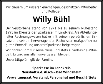 Traueranzeige von Willy Bühl von Neustadt/ Scheinfeld/ Uffenheim