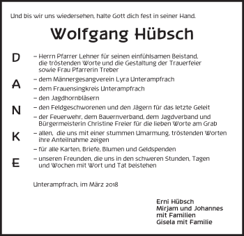 Traueranzeige von Wolfgang Hübsch von Dinkelsbühl/ Feuchtwangen