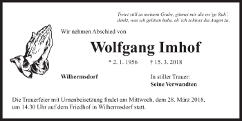 Traueranzeige von Wolfgang Imhof von Neustadt/ Scheinfeld/ Uffenheim