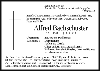 Traueranzeige von Alfred Bachschuster von Ansbach