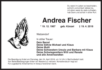 Traueranzeige von Andrea Fischer von Ansbach