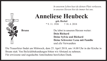 Traueranzeige von Anneliese Heubeck von Neustadt/ Scheinfeld/ Uffenheim