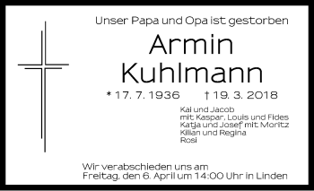 Traueranzeige von Armin Kuhlmann von Neustadt/ Scheinfeld/ Uffenheim