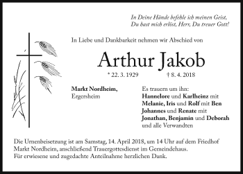 Traueranzeige von Arthur Jakob von Neustadt/ Scheinfeld/ Uffenheim