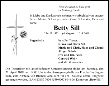 Traueranzeige von Betty Sill von Neustadt/ Scheinfeld/ Uffenheim