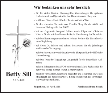 Traueranzeige von Betty Sill von Neustadt/ Scheinfeld/ Uffenheim