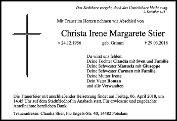 Traueranzeige von Christa Irene Margarete Stier von Ansbach