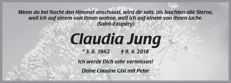  Traueranzeige für Claudia Jung vom 12.04.2018 aus Ansbach