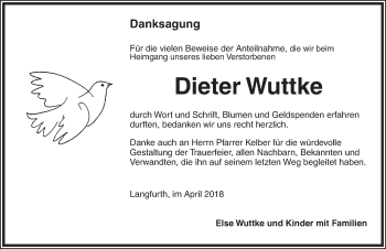 Traueranzeige von Dieter Wuttke von Dinkelsbuhl/ Feuchtwangen