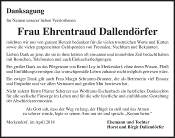 Traueranzeige von Ehrentraud Dallendörfer von Ansbach