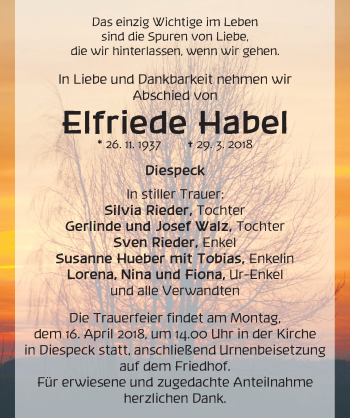 Traueranzeige von Elfriede Habel von Neustadt/ Scheinfeld/ Uffenheim