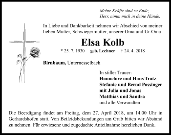 Traueranzeige von Elsa Kolb von Neustadt/ Scheinfeld/ Uffenheim