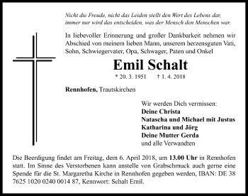 Traueranzeige von Emil Schalt von Neustadt/ Scheinfeld/ Uffenheim