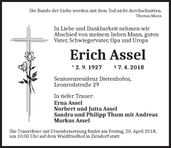 Traueranzeige von Erich Assel von Ansbach