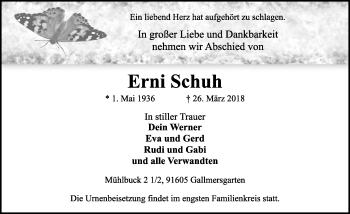 Traueranzeige von Erni Schuh von Ansbach