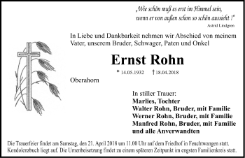 Traueranzeige von Ernst Rohn von Dinkelsbuhl/ Feuchtwangen