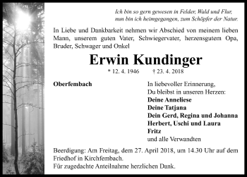 Traueranzeige von Erwin Kundinger von Neustadt/ Scheinfeld/ Uffenheim