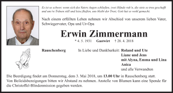 Traueranzeige von Erwin Zimmermann von Neustadt/ Scheinfeld/ Uffenheim