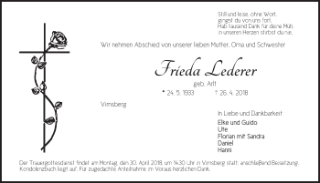 Traueranzeige von Frieda Lederer von Ansbach