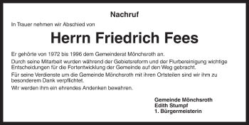 Traueranzeige von Friedrich Fees von Dinkelsbühl/ Feuchtwangen