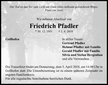 Traueranzeige von Friedrich Pfadler von Neustadt/ Scheinfeld/ Uffenheim