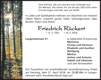 Traueranzeige von Friedrich Rückert von Neustadt/ Scheinfeld/ Uffenheim