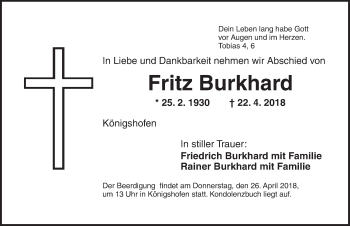 Traueranzeige von Fritz Burkhard von Dinkelsbuhl/ Feuchtwangen