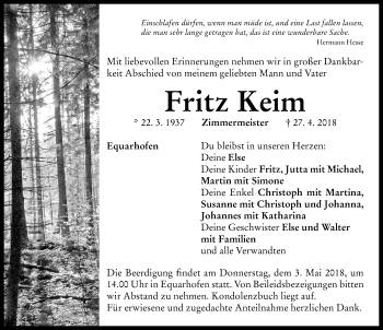 Traueranzeige von Fritz Keim von Neustadt/ Scheinfeld/ Uffenheim