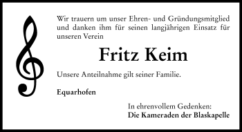 Traueranzeige von Fritz Keim von Neustadt/ Scheinfeld/ Uffenheim
