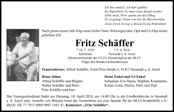 Traueranzeige von Fritz Schäffer von Neustadt/ Scheinfeld/ Uffenheim