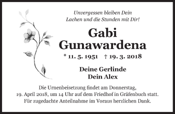 Traueranzeige von Gabi Gunawardena von Ansbach