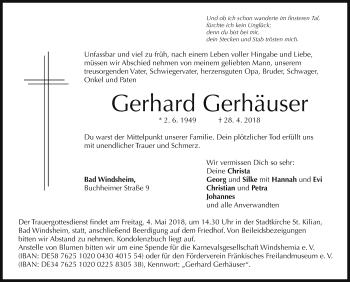 Traueranzeige von Gerhard Gerhäuser von Neustadt/ Scheinfeld/ Uffenheim