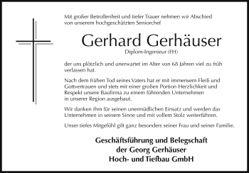 Traueranzeige von Gerhard Gerhäuser von Neustadt/ Scheinfeld/ Uffenheim