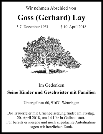 Traueranzeige von Goss  Lay von Rothenburg