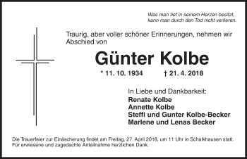 Traueranzeige von Günter Kolbe von Ansbach