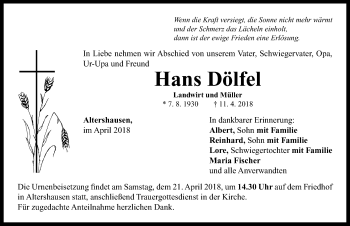 Traueranzeige von Hans Dölfel von Neustadt/ Scheinfeld/ Uffenheim