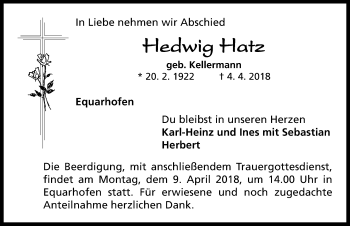 Traueranzeige von Hedwig Hatz von Neustadt/ Scheinfeld/ Uffenheim